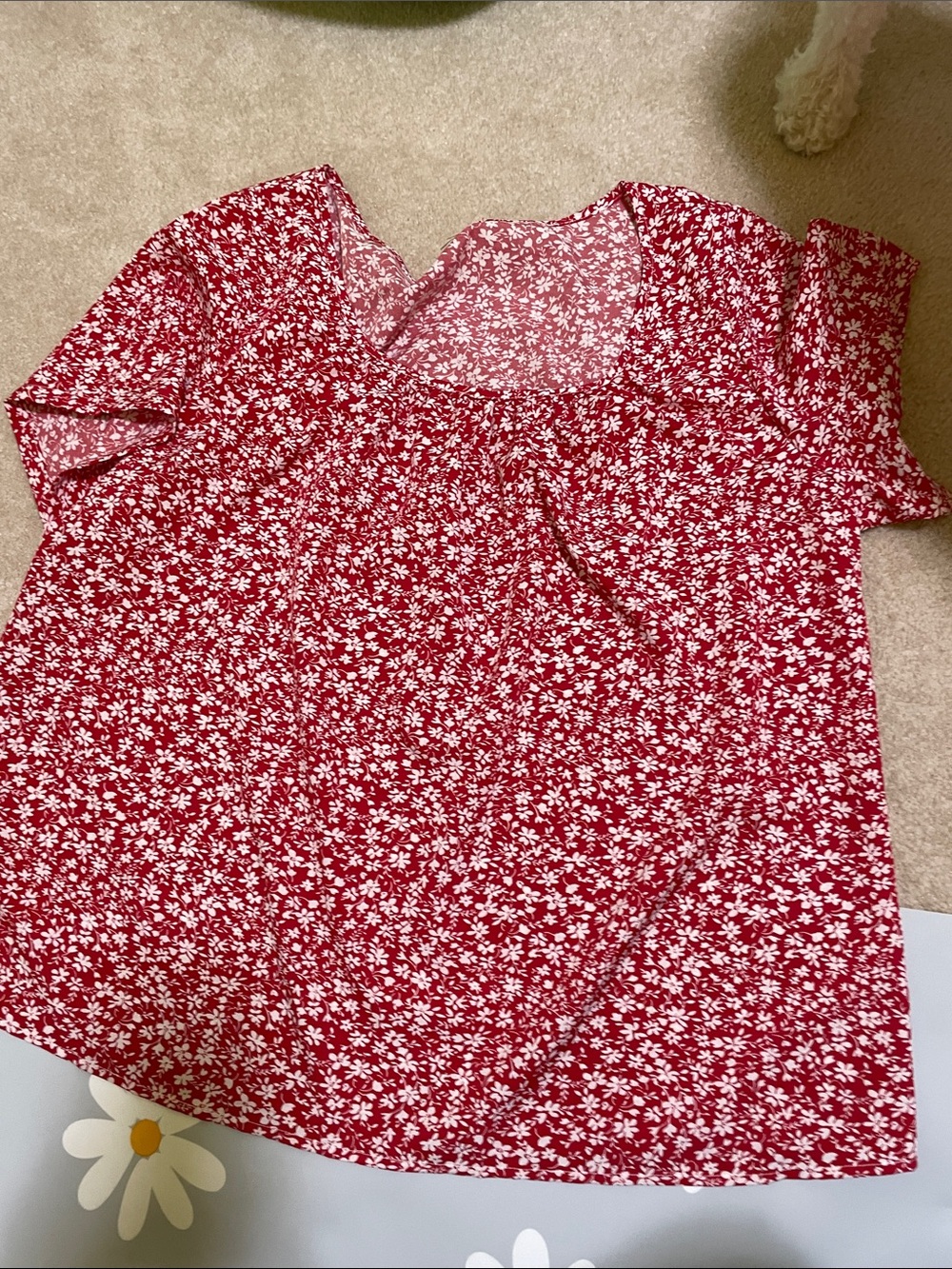 Women's Red Floral V-Neck Short Sleeve Boho Blouse Top